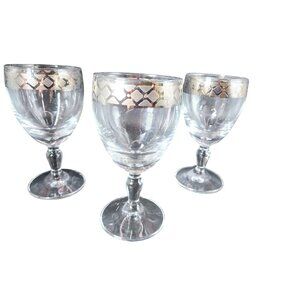 Lavorato A Mano Italy Vintage Clear Wine Goblets Silver Gilt Rim Stemware